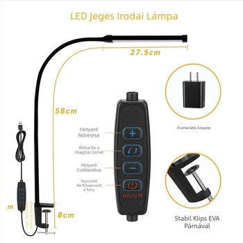 Csiptetős asztali lámpa szemvédő, USB tápellátású, gombos kapcsolóval, fémből készült árnyékoló, olvasáshoz és irodai használathoz