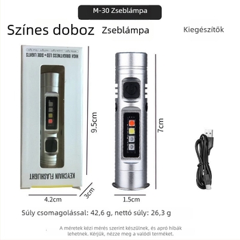 Mini kulcstartó zseblámpa alumíniumötvözetből, LED, 5W, 1200mAh, üzemidő 2-3 óra