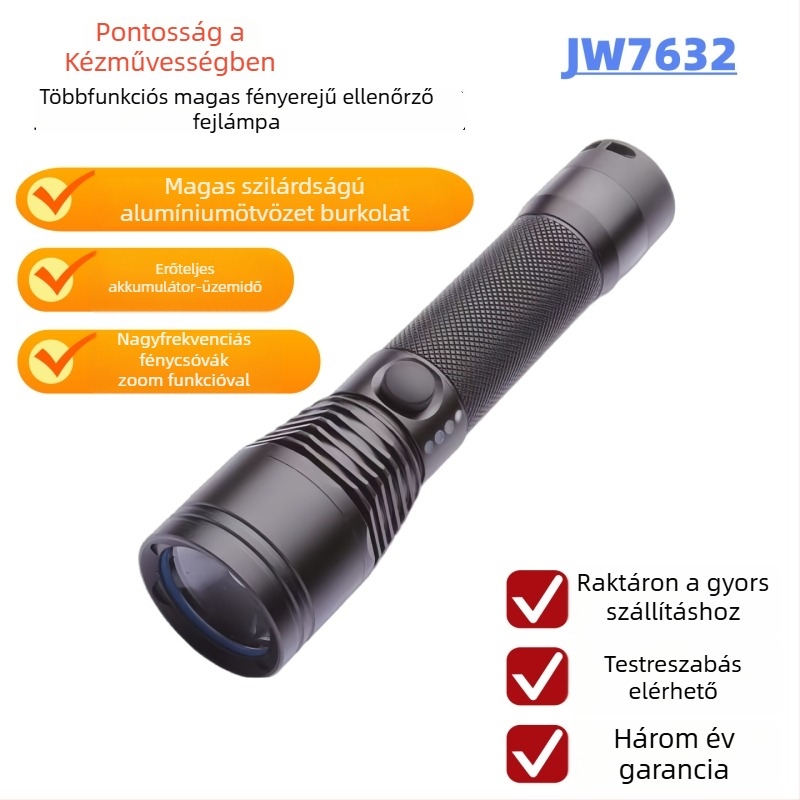 JW7632 kézben tartható zseblámpa teleszkópos fókusz, Cree LED, vezeték nélküli töltés, 18650-ös akkumulátor, IP66, 200 m hatótávolság