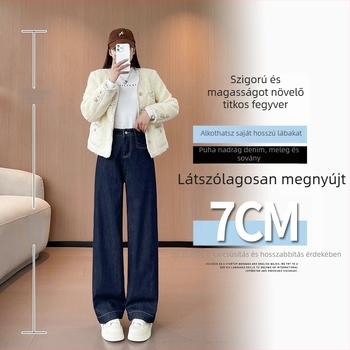 Fleece-béléssel ellátott denim farmernadrág, magas derekú, egyenes szabású, vastag téli anyag, mikroelasztikus
