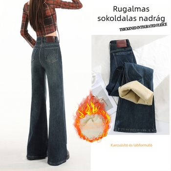 Női magas derekú denim nadrág, mikroflare, fleece belső réteggel, téli modell, magas rugalmasság