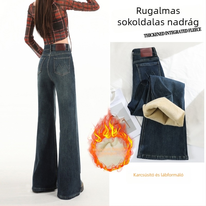 Női magas derekú denim nadrág, mikroflare, fleece belső réteggel, téli modell, magas rugalmasság