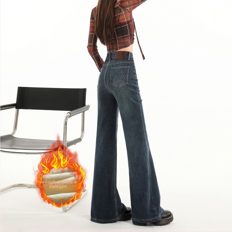 Női magas derekú denim nadrág, mikroflare, fleece belső réteggel, téli modell, magas rugalmasság