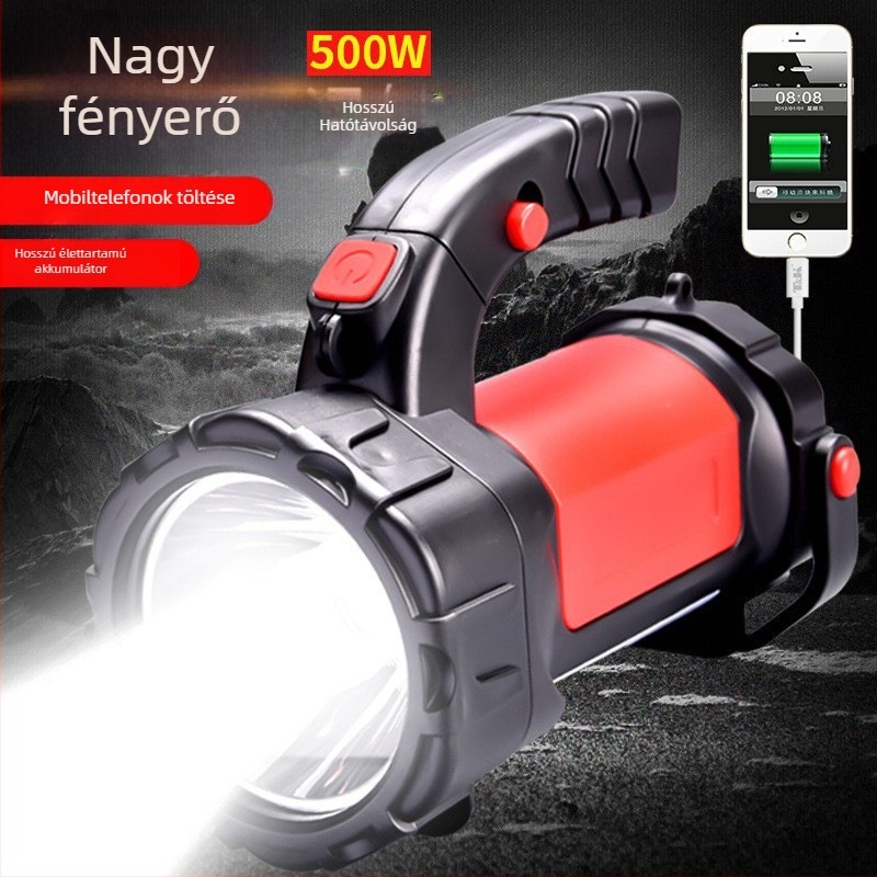 Kültéri LED keresőfény, többfunkciós hordozható munka- és keresőfény kézi dinamó töltéssel, 5W, 2400/3600 mAh akkumulátor, hatótávolság 200–500 m, töltővel