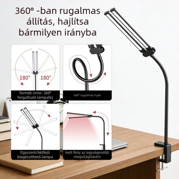 Íróasztali lámpa hajlékony nyakkal, kettős fejű klipekkel, szemvédővel (12W, CRI ≥90, PC lámpabúra)