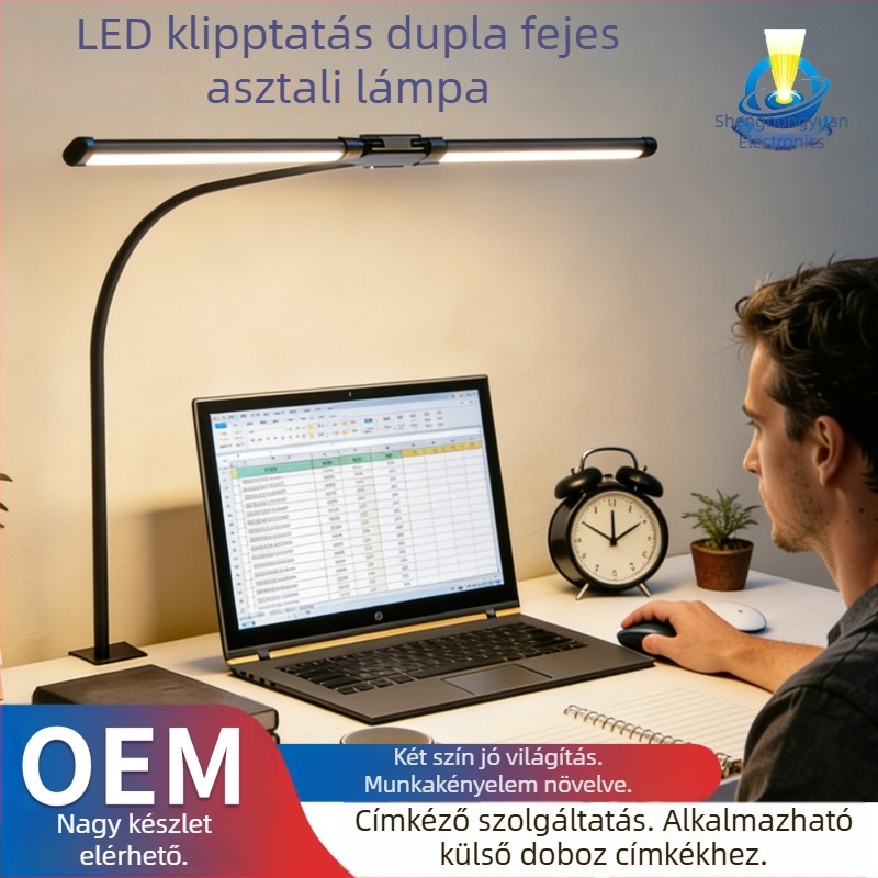 Íróasztali lámpa hajlékony nyakkal, kettős fejű klipekkel, szemvédővel (12W, CRI ≥90, PC lámpabúra)