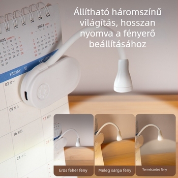 Újratölthető klipszes olvasólámpa íróasztalhoz, 3W, beépített lítium akkumulátor, PVC árnyékoló, gombos kapcsoló