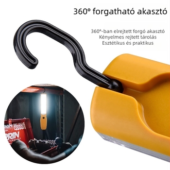Erős mágneses COB munkalámpa 360°-os forgó kampóval – tölthető, 5 órás üzemidő, többfunkciós az autókarbantartáshoz