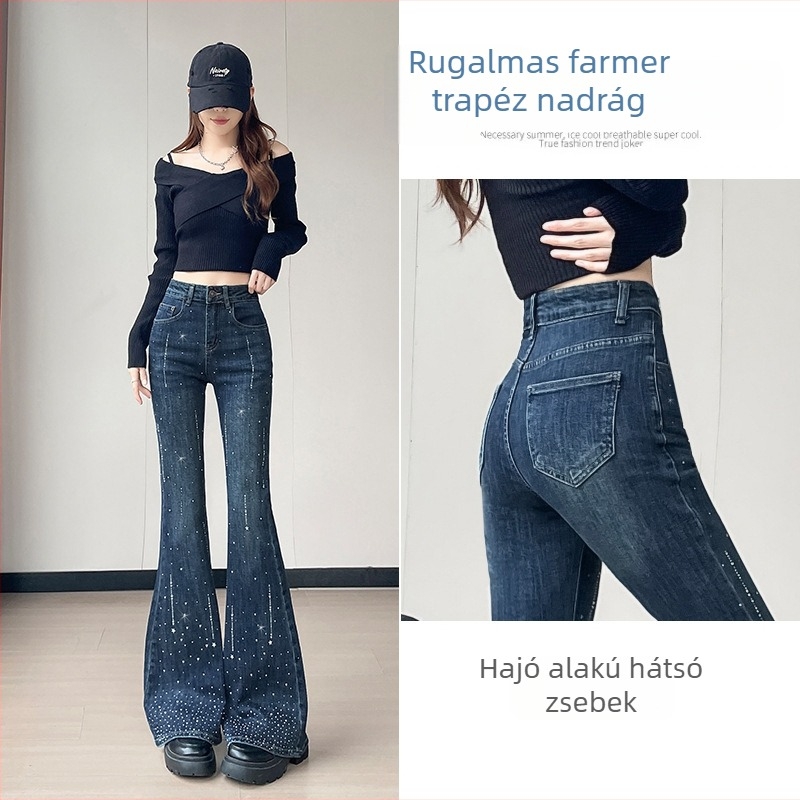 Női farmernadrág kristályokkal és flarral, magas derekú, elasztikus pamut-denim, cipzárral, retro stílus