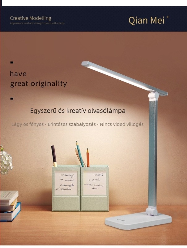 Összecsukható LED asztali lámpa szemvédő funkcióval, USB töltés, érintéses fényerő-szabályozás, tanulmánylámpa, fém árnyékoló, CE tanúsítvány, intelligens vezérlés