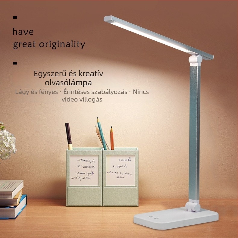 Összecsukható LED asztali lámpa szemvédő funkcióval, USB töltés, érintéses fényerő-szabályozás, tanulmánylámpa, fém árnyékoló, CE tanúsítvány, intelligens vezérlés