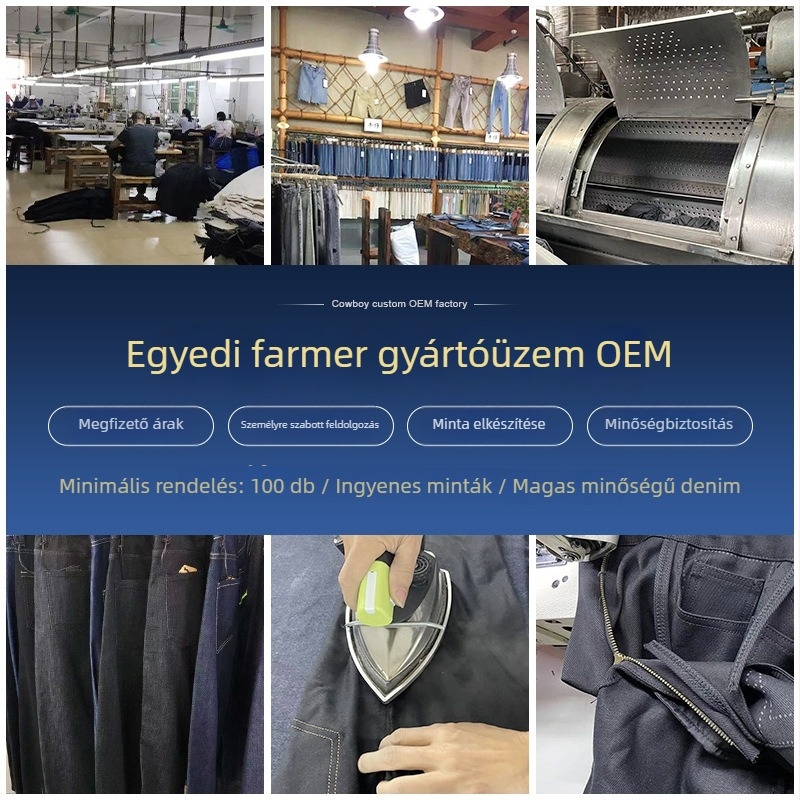 Magas derekú, egyenes szárú farmer nyújtott denimból; fő anyag: vinyl-klorid szál 71–80% + pamut 10–29%; bélés: pamut 10–29%.