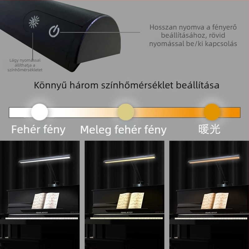 Szemvédő zongorához való lámpa, fém árnyékolóval, érintéses vezérlés, CE tanúsítvány, max. 36V