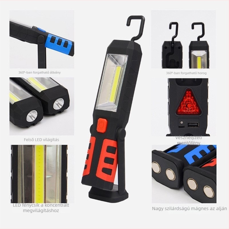 COB+1 hordozható munkalámpa piros fénnyel, 360°-os állítható, mágneses USB töltés autóreparációhoz
