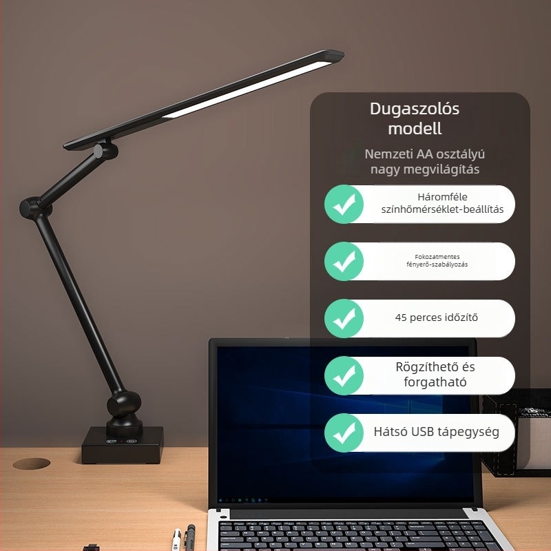 LED asztali lámpa csíptetővel, összecsukható hosszú karú, szemvédő fény, USB-tápellátás