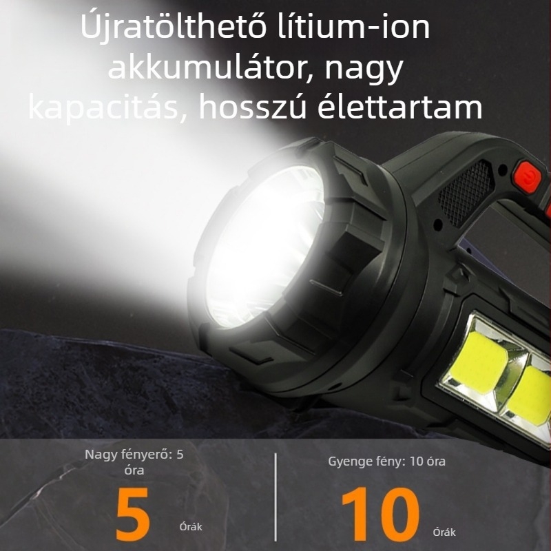Többfunkciós elemlámpa beépített szerszámosládával és vészvilágítással — ABS ház, 10W, 2400mAh, újratölthető, 200–500 m hatótáv