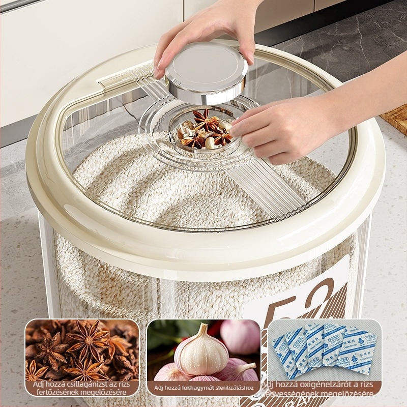 Rizstároló doboz – légmentesen záródó, nedvesség- és rovarálló, nagy kapacitású, kör alakú PP műanyag rizsdoboz