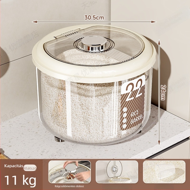 Rizstároló doboz – légmentesen záródó, nedvesség- és rovarálló, nagy kapacitású, kör alakú PP műanyag rizsdoboz