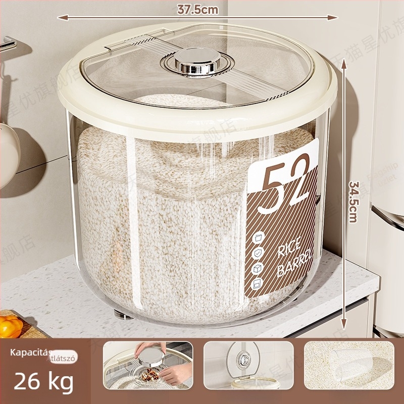 Rizstároló doboz – légmentesen záródó, nedvesség- és rovarálló, nagy kapacitású, kör alakú PP műanyag rizsdoboz