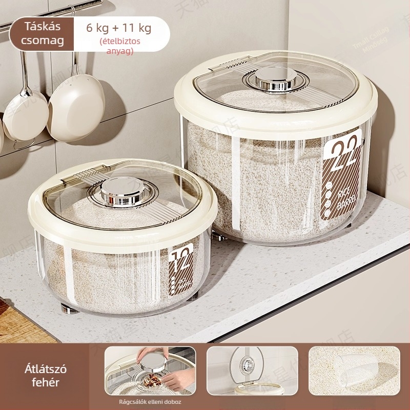 Rizstároló doboz – légmentesen záródó, nedvesség- és rovarálló, nagy kapacitású, kör alakú PP műanyag rizsdoboz