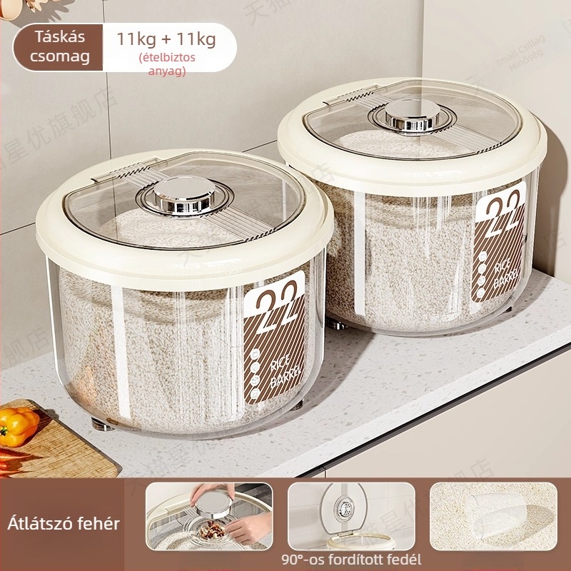 Rizstároló doboz – légmentesen záródó, nedvesség- és rovarálló, nagy kapacitású, kör alakú PP műanyag rizsdoboz