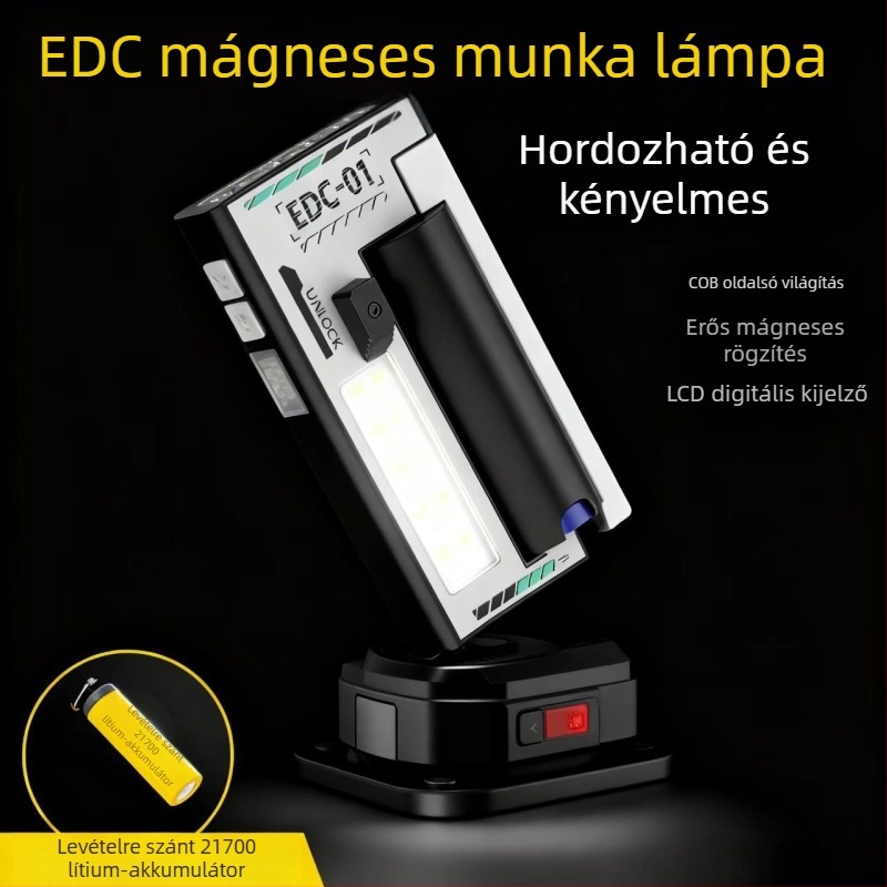 Mágneses LED munka lámpa LCD kijelzővel – USB töltés, 5W, 6800mAh, alkalmas kempingezéshez és külső vészhelyzeti használatra