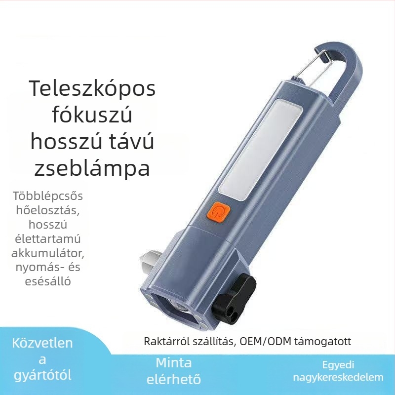 Kézi zseblámpa autóbiztonsági kalapáccsal és ablaktörő funkcióval, 18650-es akkumulátor, 1200 mAh, 200 lm, IP56, töltési idő 2–3 óra