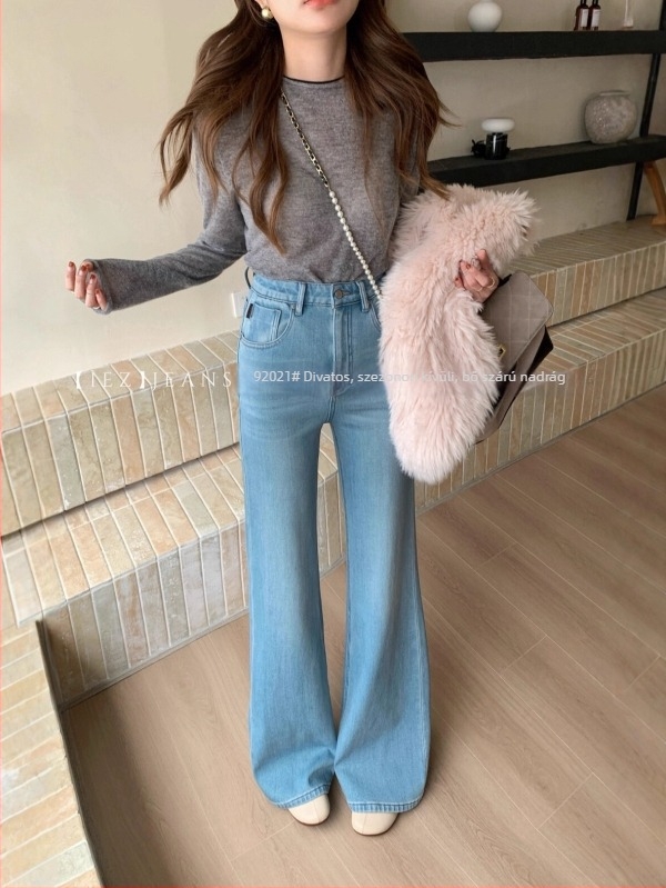 IEZ92021 Winter 2025 Női denim nadrág, négyirányú elasztikussal és fleece béléssel, kék, magas derék, mikroflare
