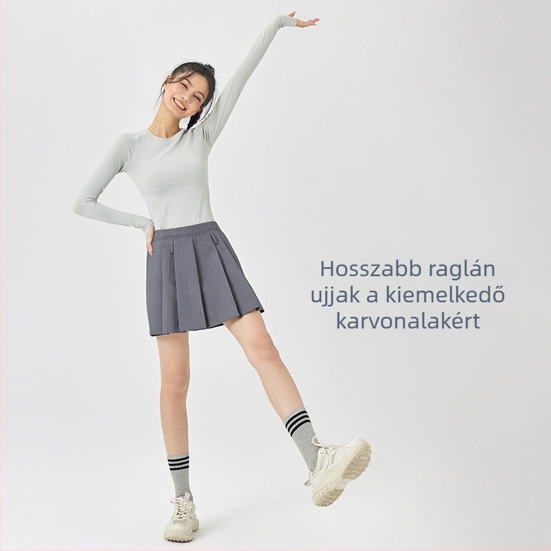 Női jóga felső – hosszú ujjú, polo nyak, egyszínű, spandex anyag