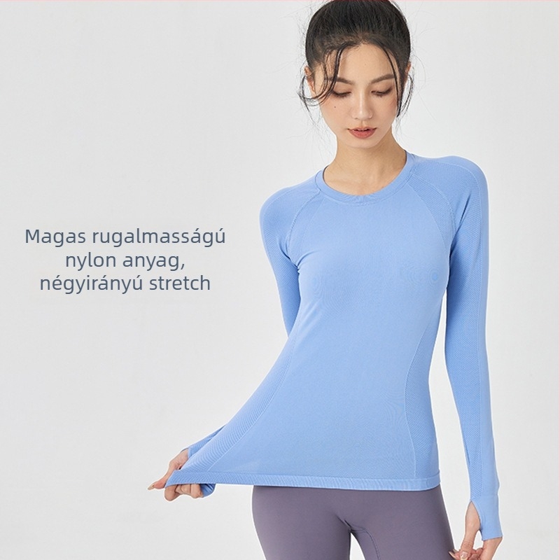 Női jóga felső – hosszú ujjú, polo nyak, egyszínű, spandex anyag