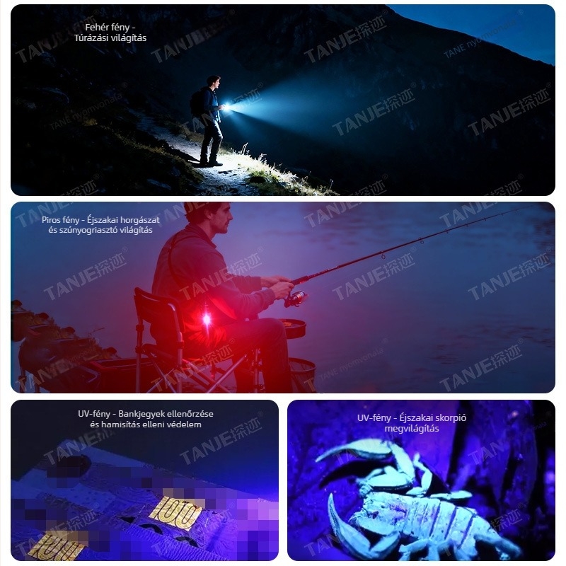 Taktikai zseblámpa LED+COB, 350+ lumen, 4–6 óra akkumulátor-élettartam, 100–200 m hatótávolság, vízálló