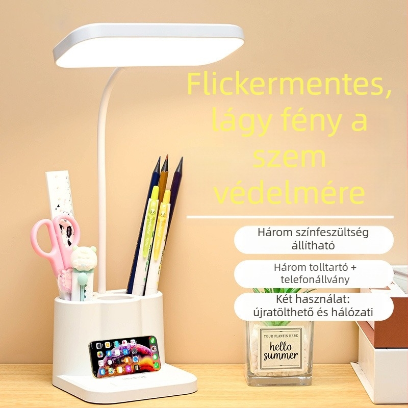 LED asztali lámpa tolltartóval, újratölthető beépített lítium akkumulátor, érintéses vezérlés, 5W, CRI ≥95