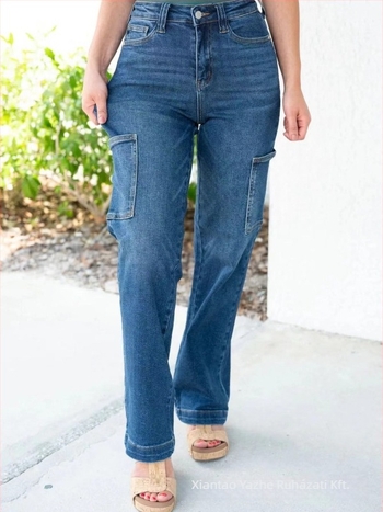 Denim overál – több zsebbel, egyenes szabás, középmagas derék, mikro-elasztikusság, 30–50% poliészter