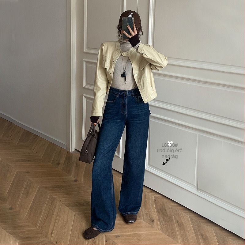 L8038 női farmer, széles lábú, magas derék, pamut-denim, mikro-elasztikusság