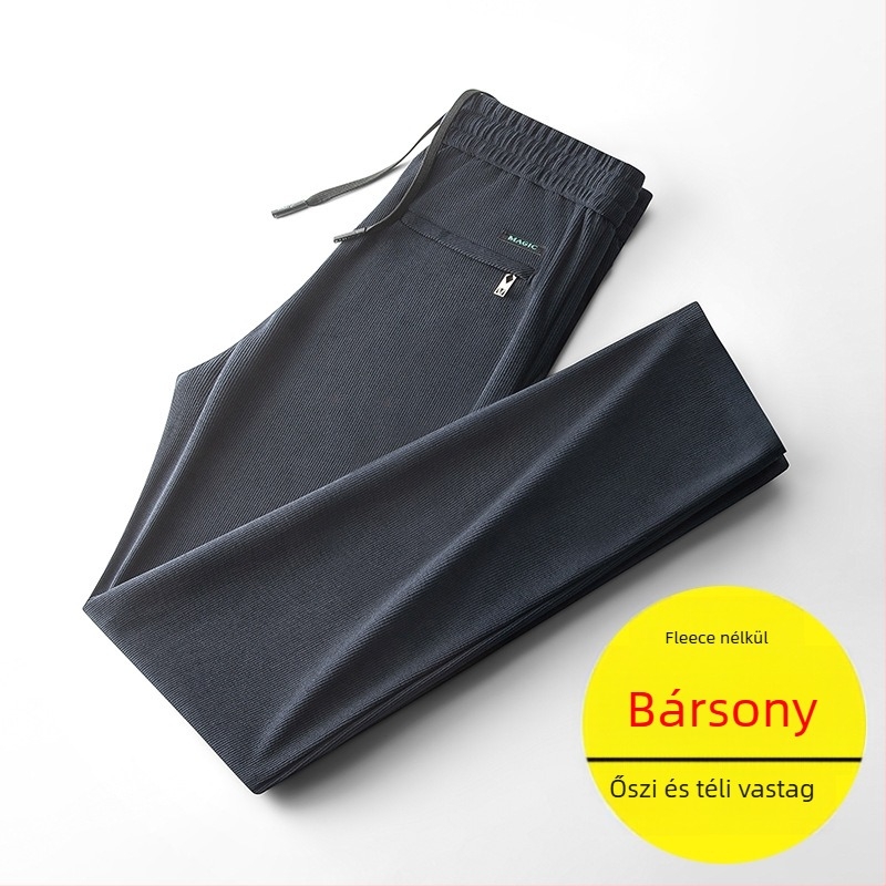 Corduroy fleece-béléssel ellátott egyenes szárú nadrág övvel, középmagas derék, kötőzár