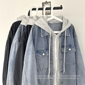 Hongkong-stílusú denim kabát kapucnival, bő szabású, álló gallérral