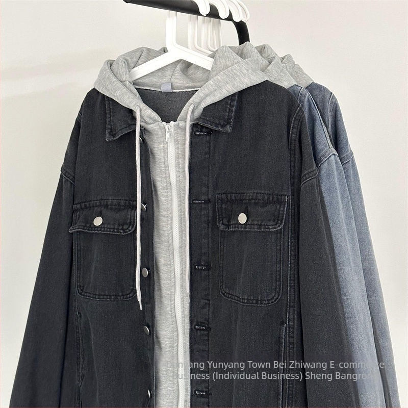 Hongkong-stílusú denim kabát kapucnival, bő szabású, álló gallérral