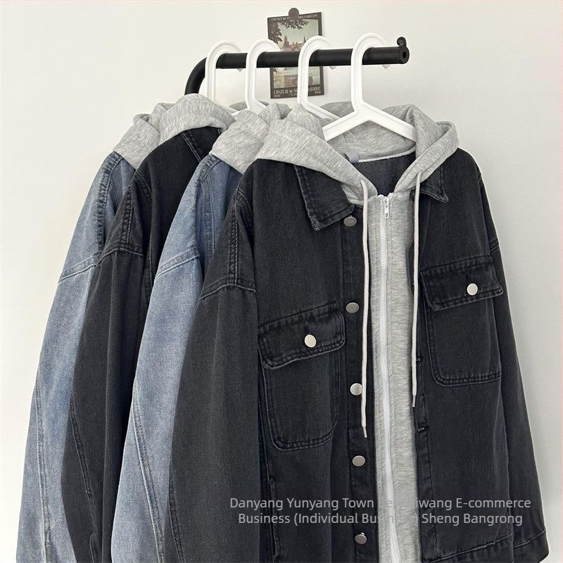 Hongkong-stílusú denim kabát kapucnival, bő szabású, álló gallérral