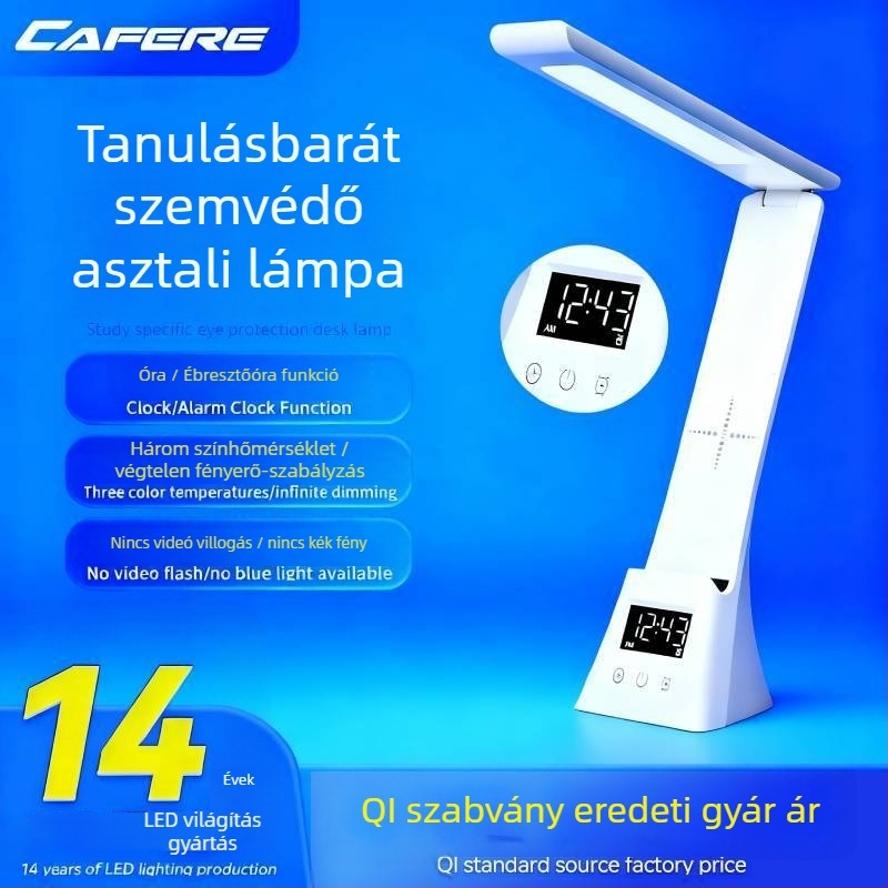Szemvédő asztali lámpa összecsukható telefontartóval, vezeték nélküli töltés, USB tápellátás, érintéses kapcsoló, olvasáshoz és íráshoz