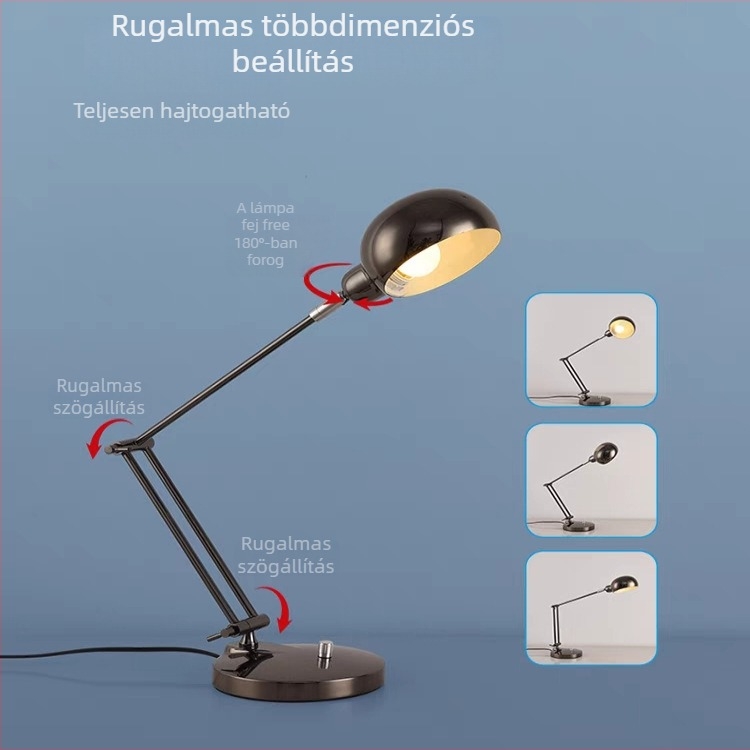 Nordic stílusú fém hosszú karos összecsukható asztali lámpa szemvédővel és fényerő-szabályozással (110V, gombos kapcsoló, konnektoros tápegység, intelligens vezérlés)