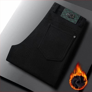 Férfi üzleti-casual nadrág, középtalppal, fleece-béléssel, egyenes szár, jacquard kötött anyag, poliészter-blend