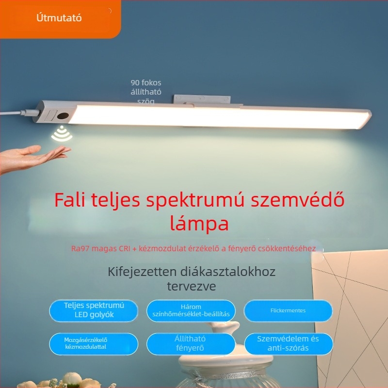 Fali LED teljes spektrumú asztali lámpa USB táppal, szemvédelem, kézi szkennelés kapcsolóval, öntapadó, tanuláshoz kollégiumban (CRI ≥95; USB-táp; Intelligens vezérlés; Kézi szkennelés kapcsoló; Öntapadó)