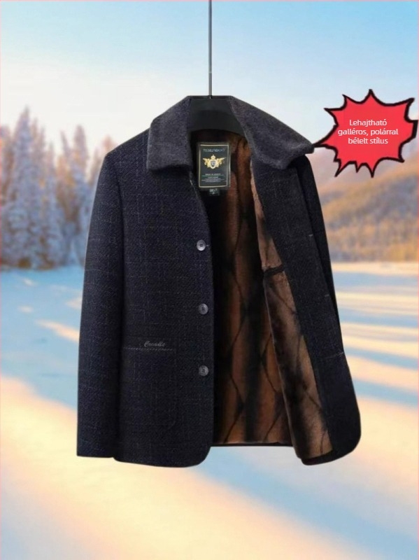 Férfi chenille pamut téli kabát fleece béléssel, galléros, hétköznapi külső
