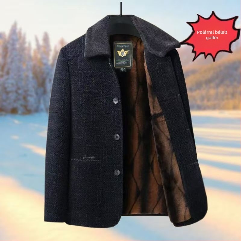 Férfi chenille pamut téli kabát fleece béléssel, galléros, hétköznapi külső