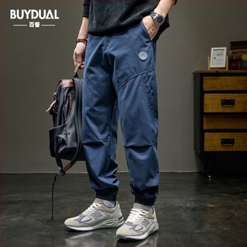 Japán stílusú retro férfi pamut patchwork jogging nadrág, lazán szabású, cargo stílus, tavaszi kollekció