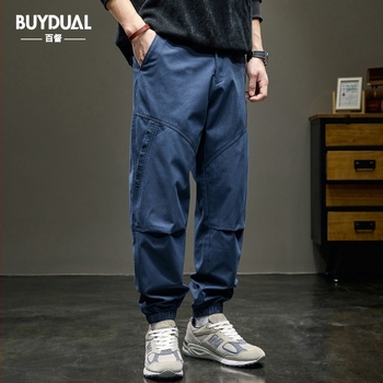 Japán stílusú retro férfi pamut patchwork jogging nadrág, lazán szabású, cargo stílus, tavaszi kollekció