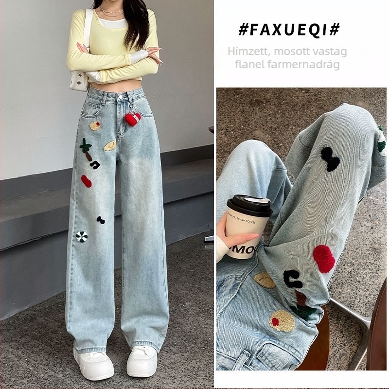 Magas derekú, széles szárú denim farmernadrág, casual japán-koreai stílus, tavasz 2025