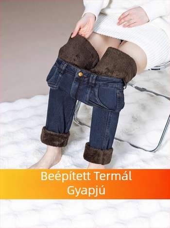 Női farmernadrág fleece-belelt, magas derekú, elasztikus derék, karcsúsított fazon, meleg téli viselet