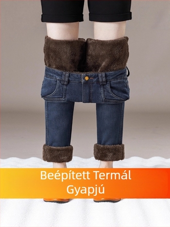 Női farmernadrág fleece-belelt, magas derekú, elasztikus derék, karcsúsított fazon, meleg téli viselet