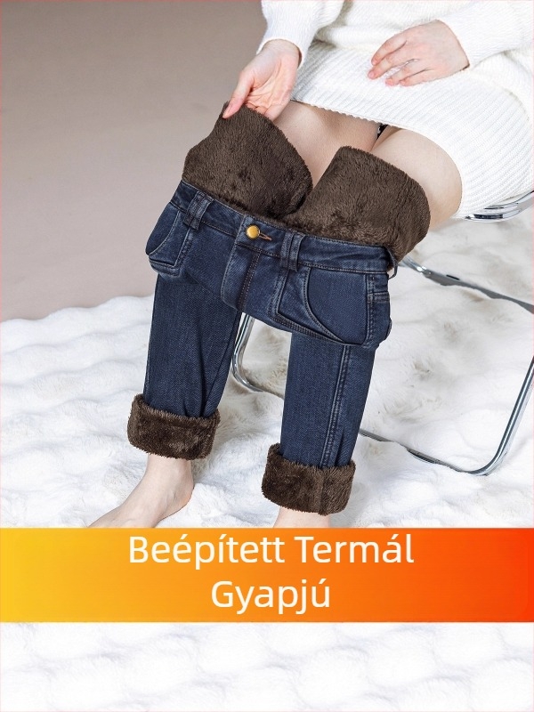 Női farmernadrág fleece-belelt, magas derekú, elasztikus derék, karcsúsított fazon, meleg téli viselet